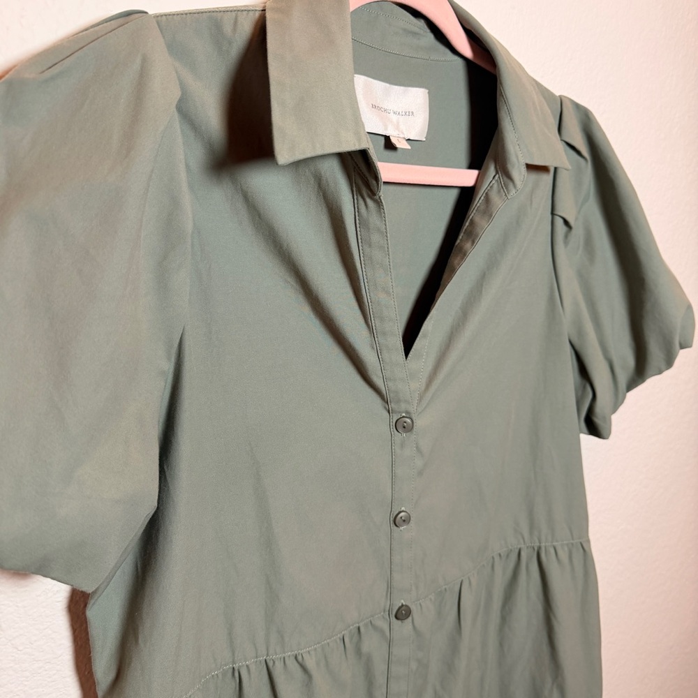 Brochu Walker Olive Green Wool Dress L Button Pockets Quiet Luxury Minimimalist - Picture 5 of 15
